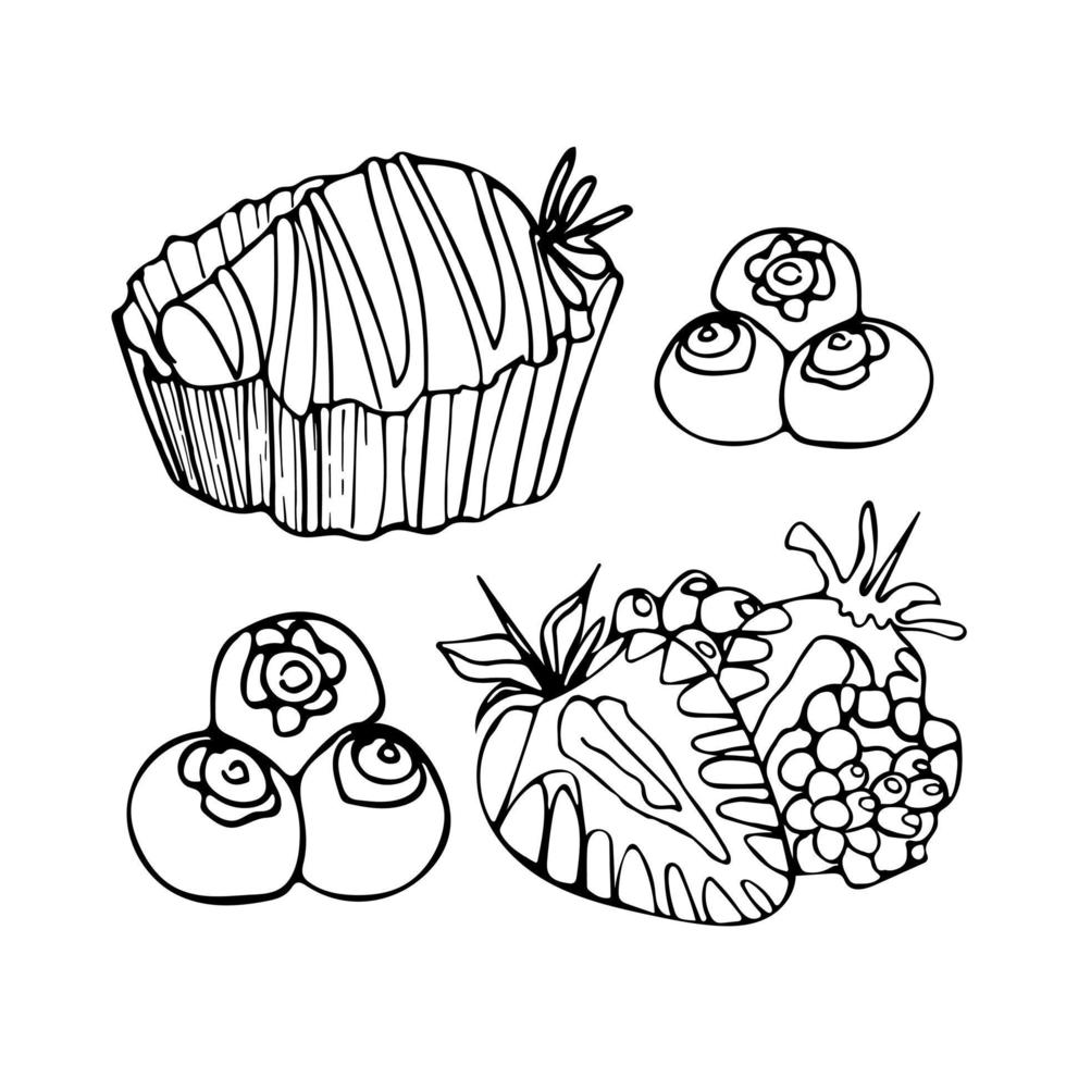 vektor klotter illustration i årgång stil aptitlig uppsättning av blåbär, björnbär, jordgubbar. sötaste dag. nationell jordgubb dag. för kokböcker, desserter, menyer, vykort, affischer.