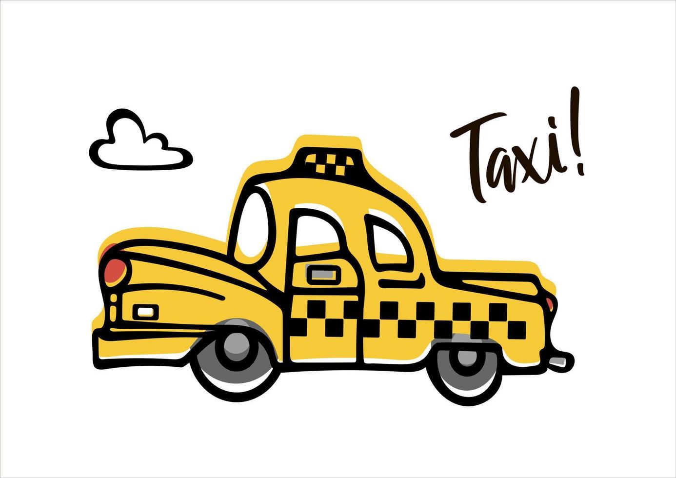 en söt retro gul taxi bil rusar längs de väg. barns illustration i klotter stil. för klistermärken, affischer, vykort, design element. vektor