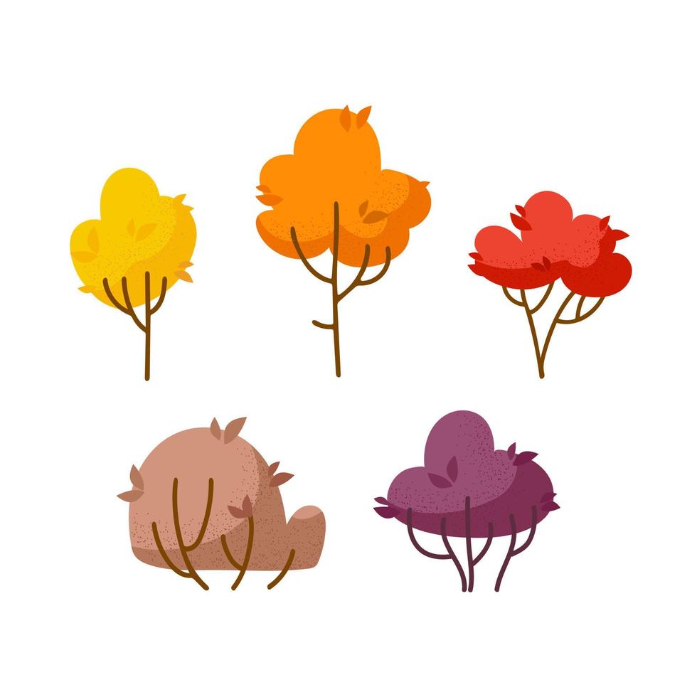 Satz niedlicher Cartoon-Bäume und Sträucher mit Laub in warmen, lebendigen Farben. mit Schatten und Textureffekt. für Aufkleber, Poster, Postkarten, Designelemente. vektor