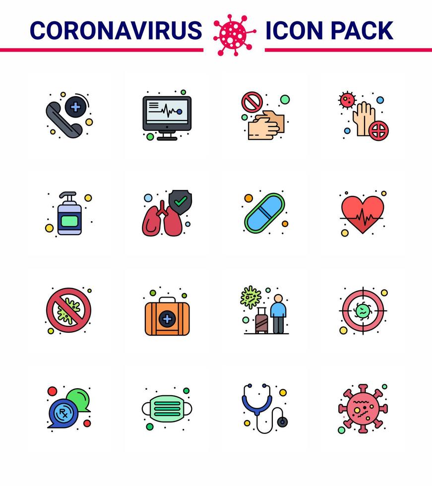 16 flache, farbig gefüllte Linien Virus-Corona-Icon-Pack wie Bakterienkrankheit Hand schmutzige Berührung Virus-Coronavirus 2019nov-Krankheitsvektor-Designelemente vektor