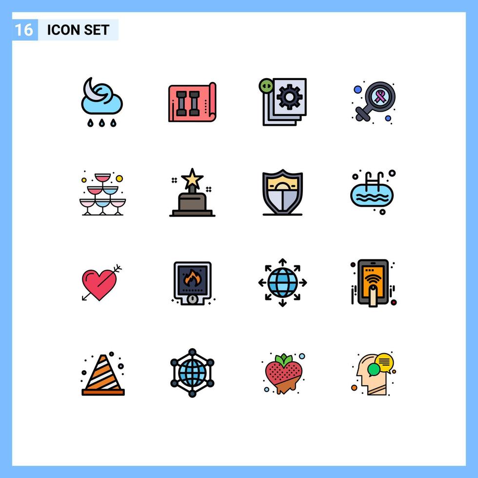 Gruppe von 16 flachen, farbgefüllten Linien Zeichen und Symbole für Glaszeichencodierung Geschlechtsprogrammierung editierbare kreative Vektordesign-Elemente vektor