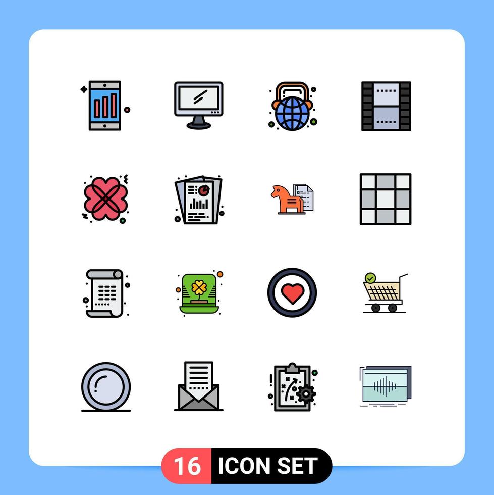 moderner satz von 16 flachen farbgefüllten linien und symbolen wie ux film bildung wesentliche kopfhörer editierbare kreative vektordesignelemente vektor