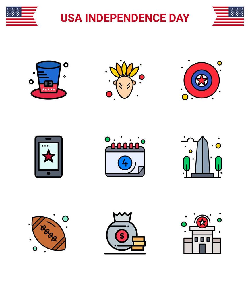 4:e juli USA Lycklig oberoende dag ikon symboler grupp av 9 modern platt fylld rader av dag kalender militär amerikan cell redigerbar USA dag vektor design element