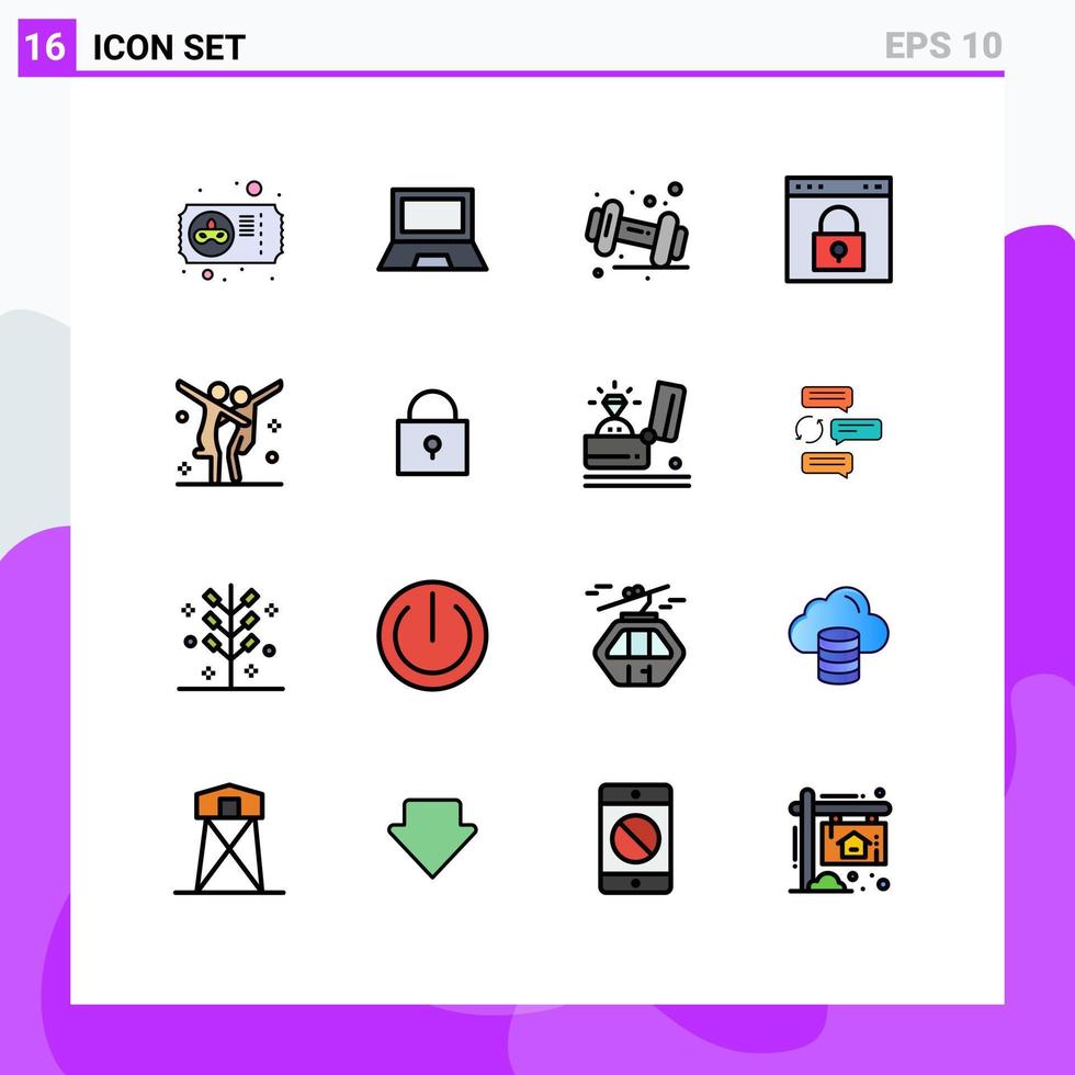 benutzerschnittstellenpaket mit 16 einfachen, flachen, farbgefüllten linien mit passwortsperre, laptop-schnittstelle, fitnessstudio, editierbare kreative vektordesignelemente vektor