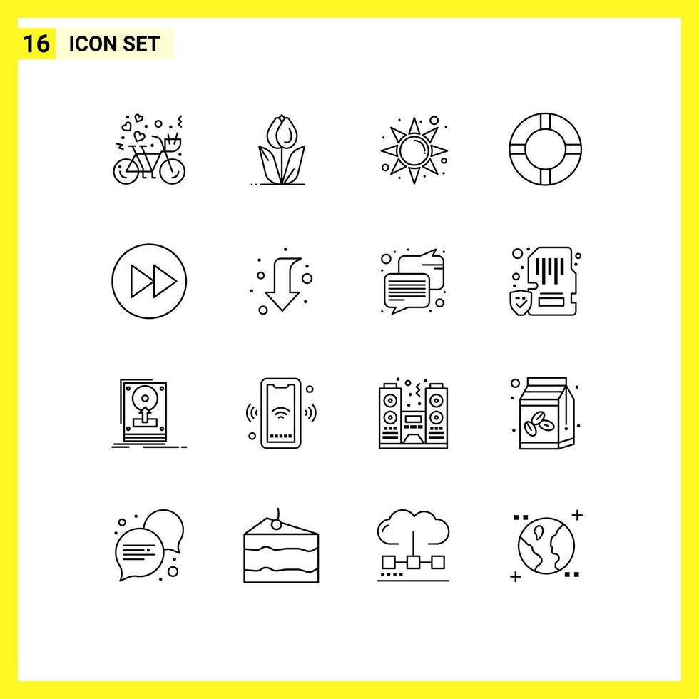 Stock Vector Icon Pack mit 16 Linienzeichen und Symbolen für Pfeil rechts Rettungsring Natur Leben Sonne editierbare Vektordesign-Elemente