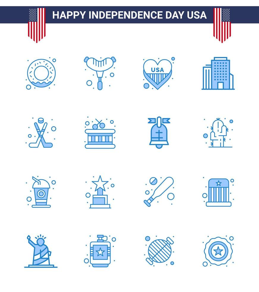 Stock Vector Icon Pack mit American Day 16 Line Zeichen und Symbolen für Drum Ice Love Hokey American Editable Usa Day Vector Design Elements