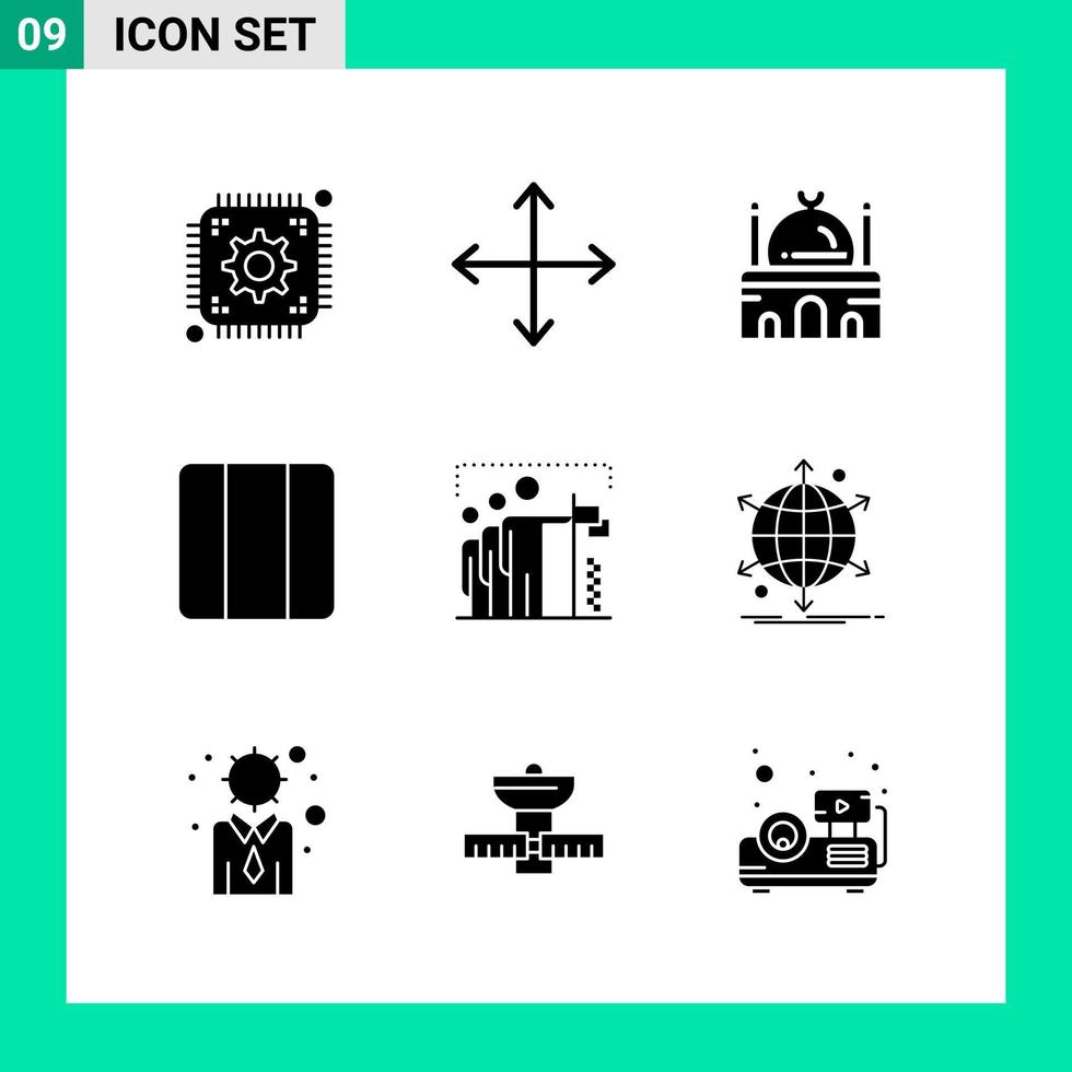 Packung mit 9 soliden Stil-Icon-Sets. Glyphensymbole für den Druck. kreative zeichen lokalisiert auf weißem hintergrund. 9 Symbolsatz. vektor