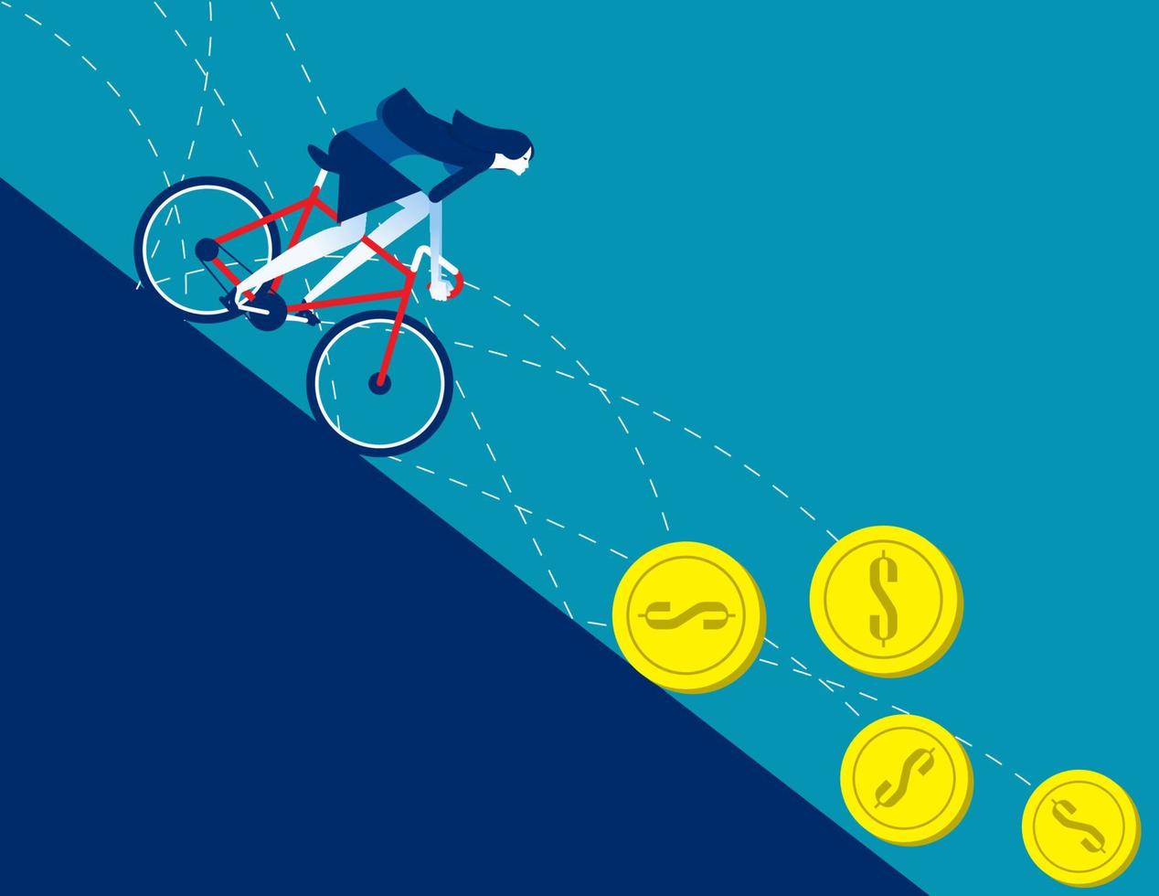 företag kvinnor rida cykel på de mynt den där falla. begrepp företag finansiell vektor illustration