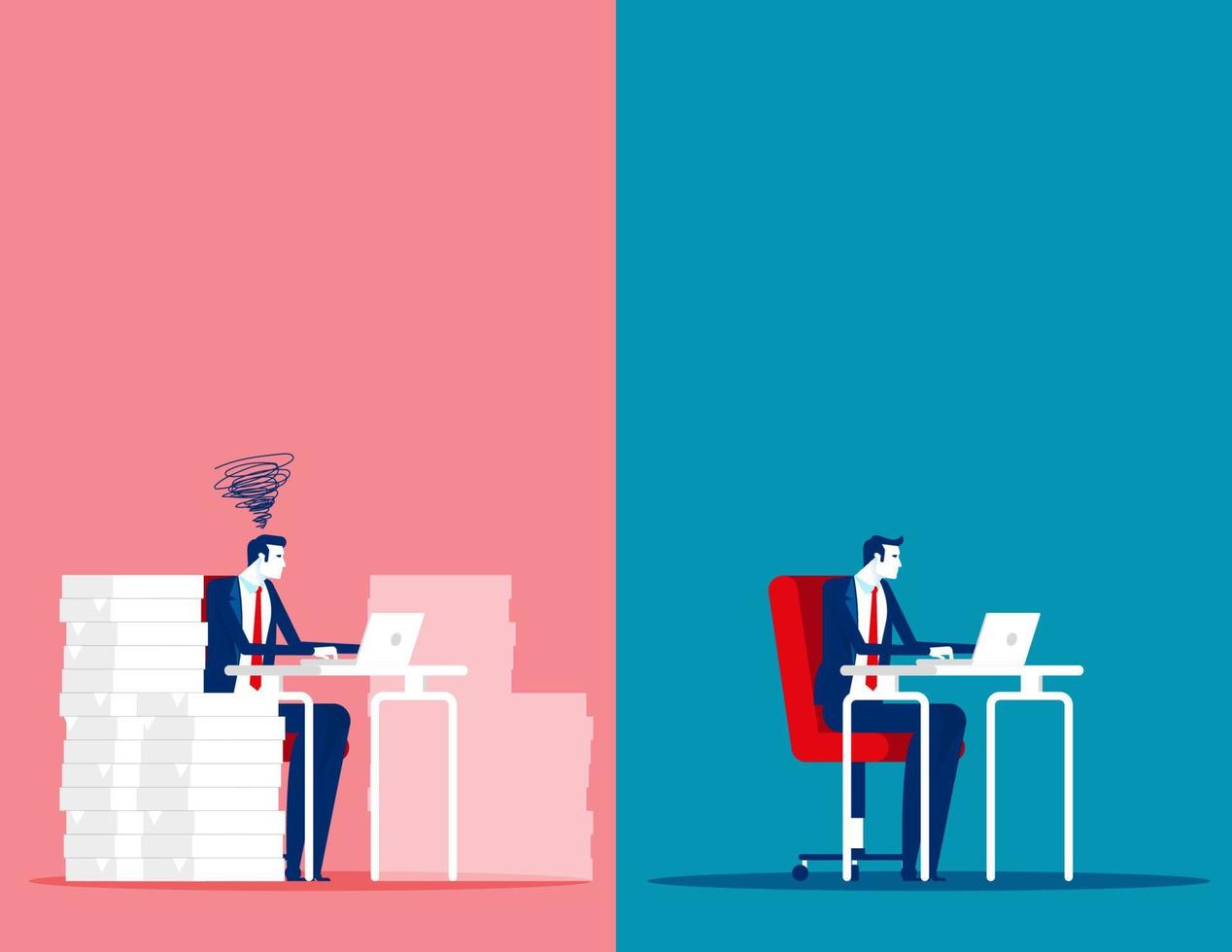 Geschäftsmann mit einfacher und stressiger Arbeit. Konzept Business Working Vector Illustration, verschiedene arbeitende Menschen