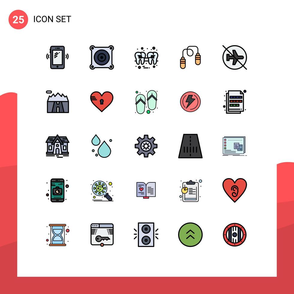 25 gefüllte Linien flaches Farbkonzept für mobile Websites und Apps Flughafen-Sprungseil Zahnfitness-Draht editierbare Vektordesign-Elemente vektor