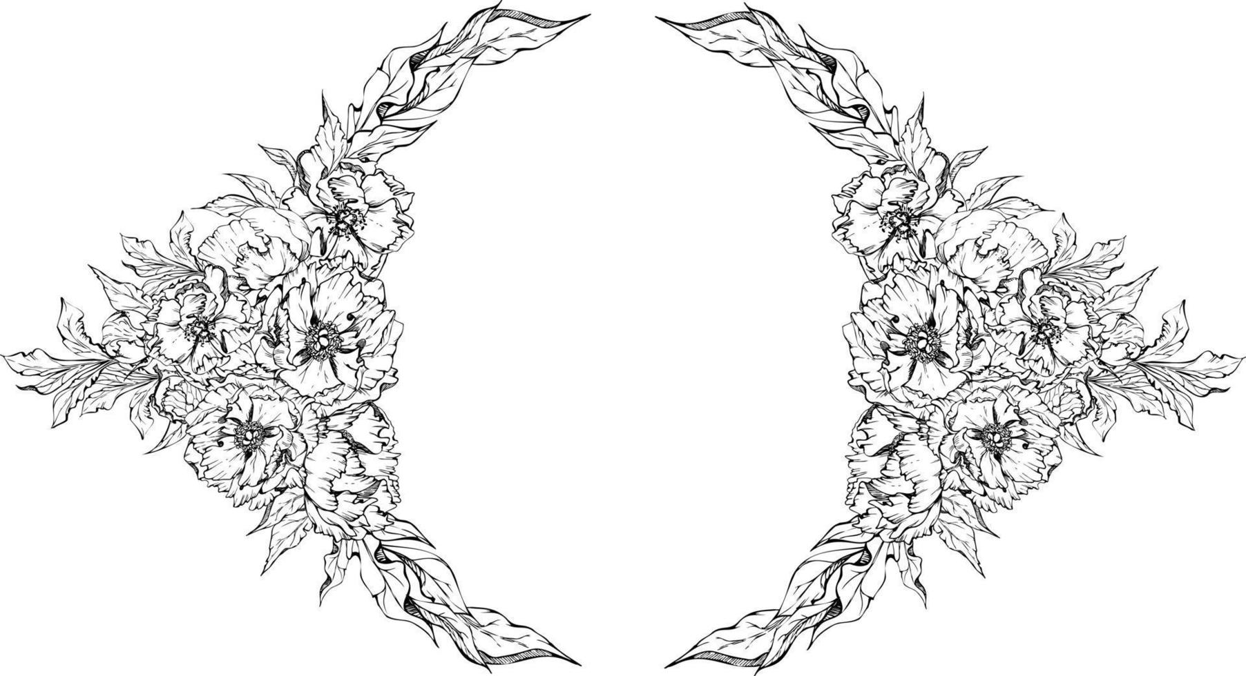 handgezeichnete Vektorkreisrahmen-Kranzanordnung mit Pfingstrosenblumen, -knospen und -blättern. isoliert auf weißem Hintergrund. design für einladungen, hochzeits- oder grußkarten, tapeten, druck, textil vektor