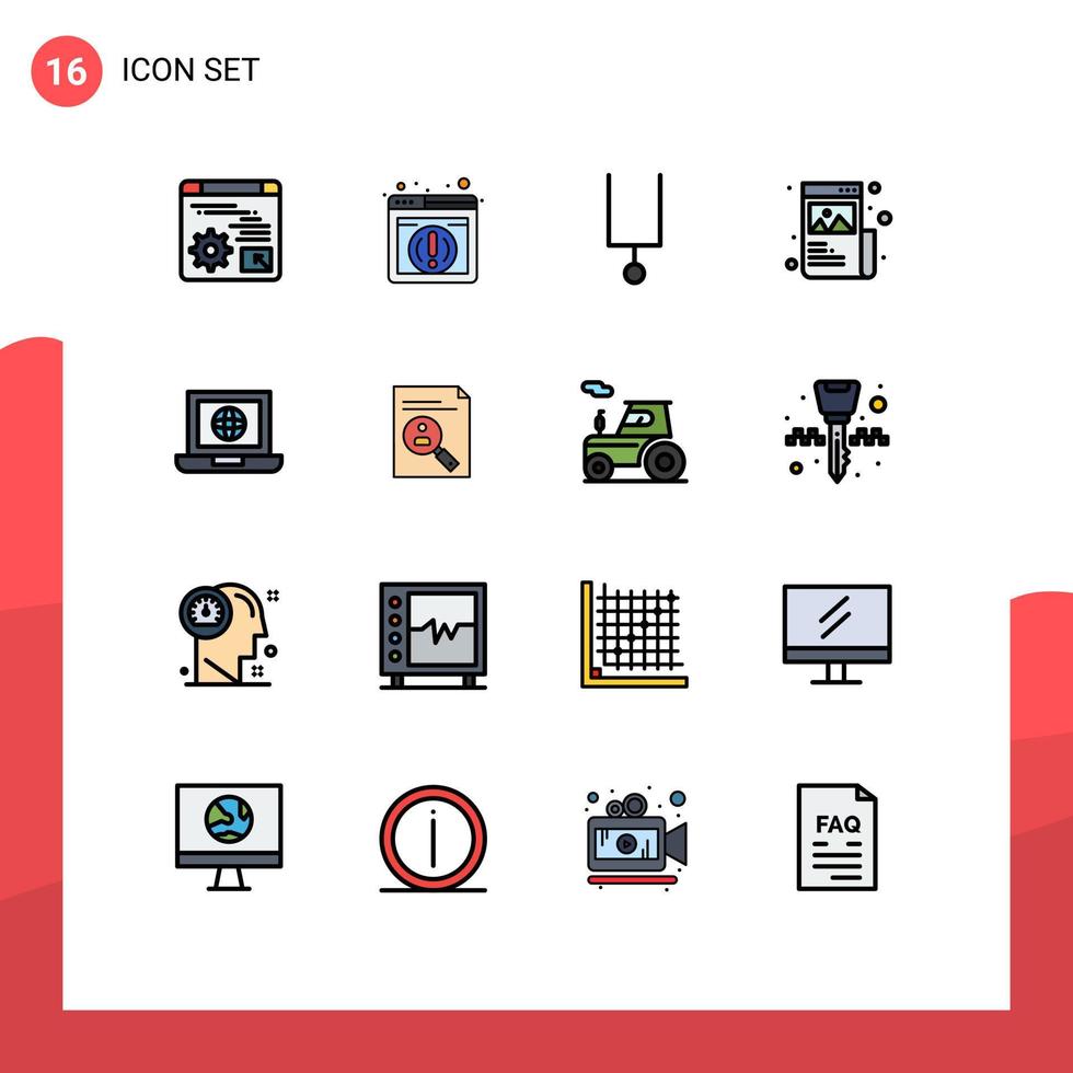 Benutzerschnittstellenpaket mit 16 einfachen, flachen, farbgefüllten Linien von Globus-Laptop-Musikbildern, die bearbeitbare kreative Vektordesign-Elemente entwerfen vektor