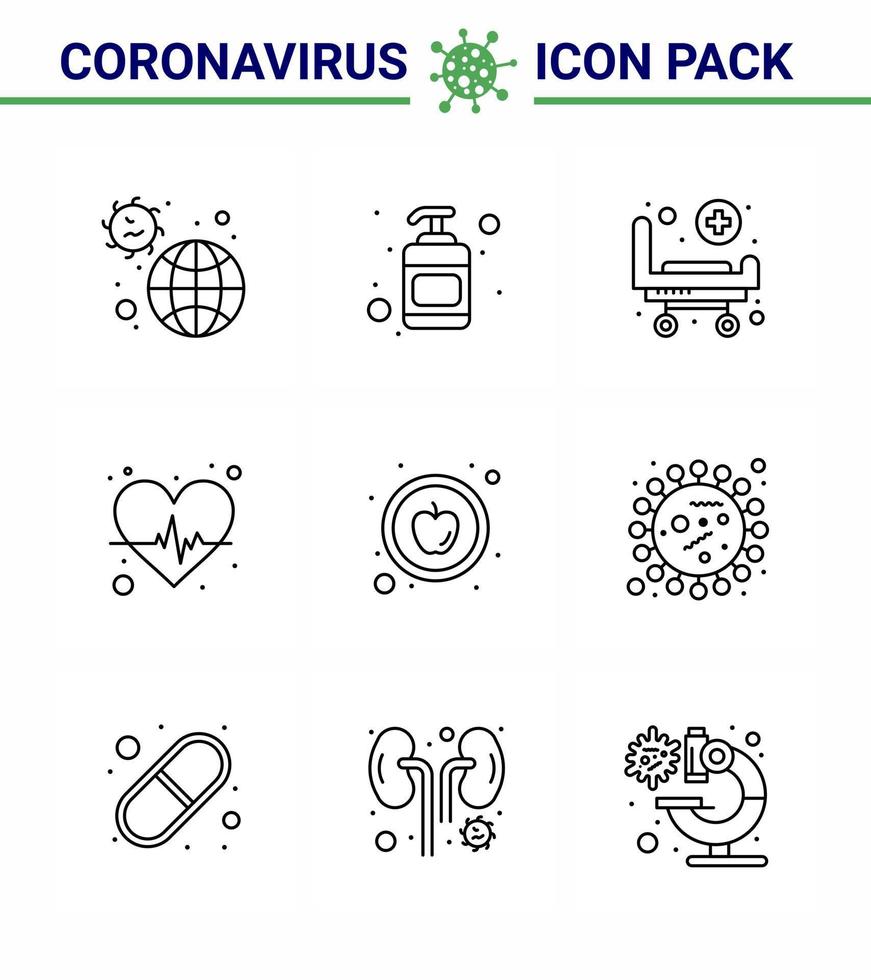 Roman Coronavirus 2019ncov 9-Zeilen-Icon-Pack Lebensmittel Herzpflege Struktur Pulsschlag Virus-Coronavirus 2019nov-Krankheitsvektor-Designelemente vektor