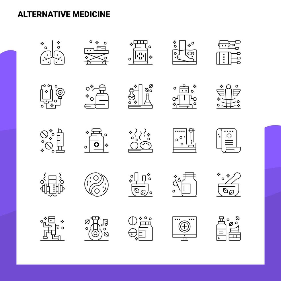 Satz alternativer Medizin-Liniensymbole Set 25 Symbole Vektor-Minimalismus-Stildesign Schwarze Symbole setzen lineares Piktogrammpaket vektor