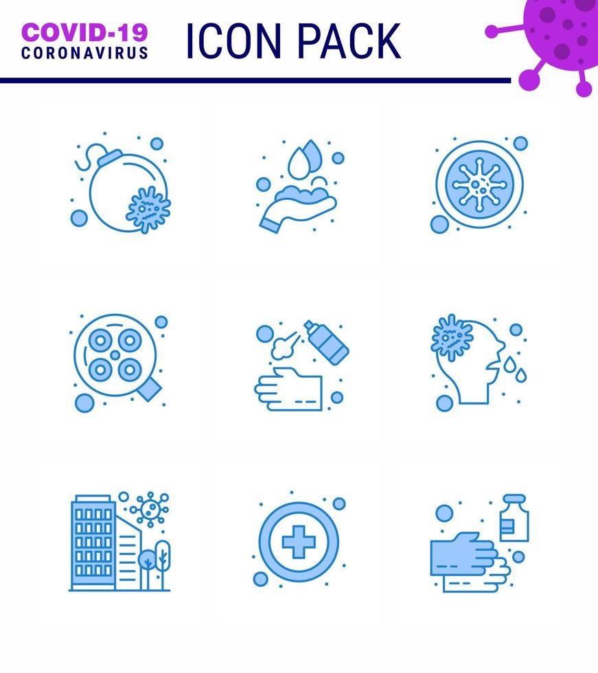 9 blaue Virus-Corona-Icon-Packs wie Hand-Hand-Spray-Coronavirus-chirurgische Operation Virus-Coronavirus 2019nov-Krankheitsvektor-Designelemente vektor