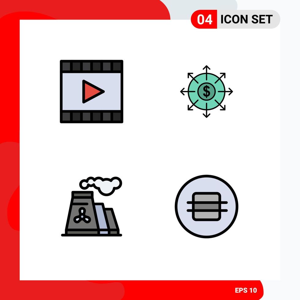 moderner Satz von 4 gefüllten flachen Farben und Symbolen wie Media Factory Player Banking Production editierbare Vektordesign-Elemente vektor