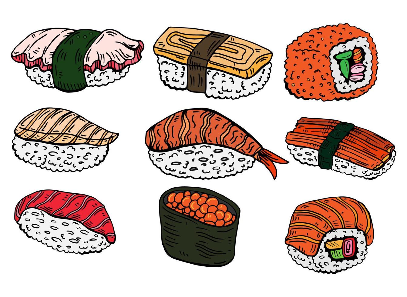 sushi och rullar uppsättning. japansk traditionell kök maträtter - nigiri, temaki, tamago, sashimi, uramaki, futomaki. freehand vektor teckning isolerat på vit bakgrund för asiatisk restaurang meny.