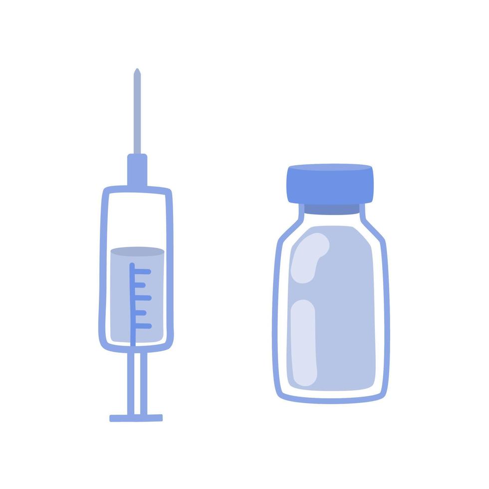 spruta och medicin isolerat på vit, hälsa och medicin begrepp. vektor ritad för hand illustration i en söt stil.