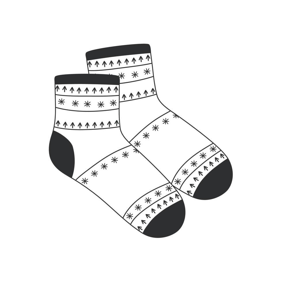 Paar süße Socken mit einem skandinavischen Muster isoliert auf weißem Hintergrund. Schwarz-Weiß-Vektor-Illustration. vektor