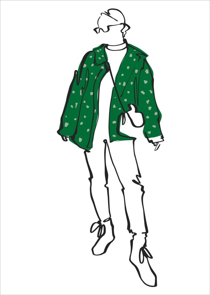 modisches junges Mädchen in einer grünen Jacke mit einer Tasche. vektorkunstillustration der straßenmode. illustration im linienkunststil. Streetstyle-Bild. vektor