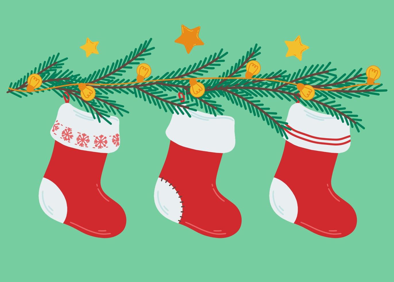 illustration med jul strumpor för gåvor. gran grenar med ljus lökar och stjärnor. jul krans. dekoration med gran grenar och järnek. vektor illustration för grafik, vykort.
