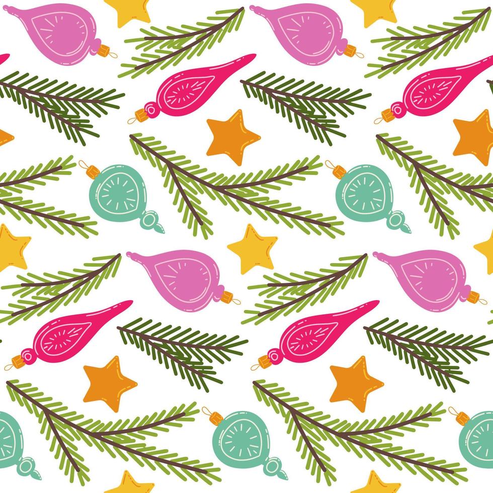sömlös mönster med färgrik jul leksaker, stjärnor och gran grenar. traditionell jul dekoration. vektor illustration för skriva ut, bakgrunder, omslag papper och textilier.