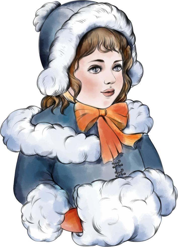 ein junges mädchen in winterkleidung mit einem warmen muff. Aquarell Weihnachtsvektorzeichnung. für neujahrs- und weihnachtsillustrationen. vektor