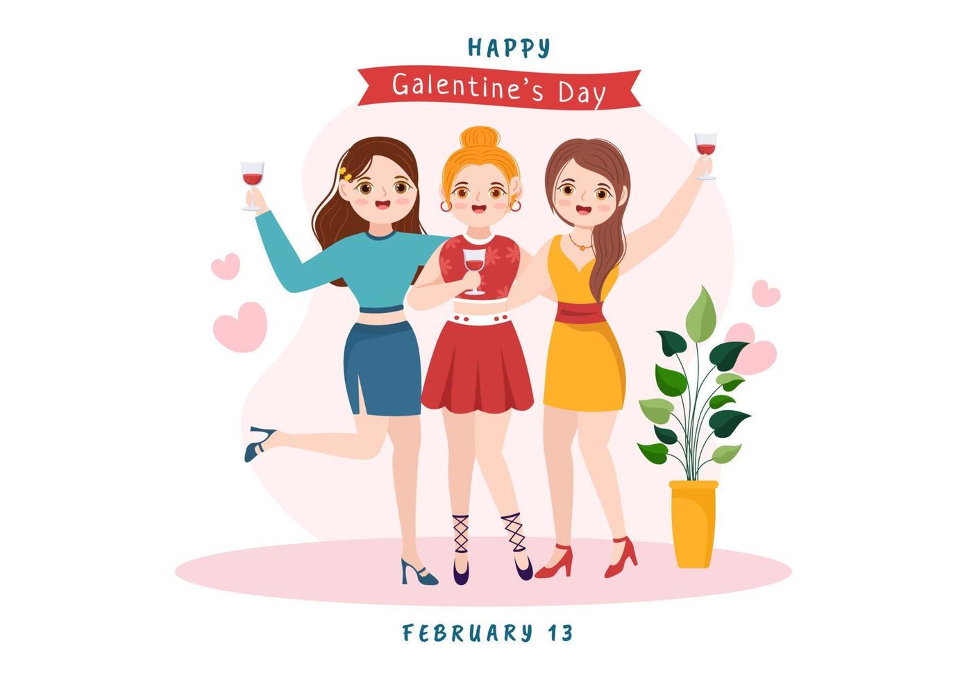 happy galentine's day am 13. februar mit der feier der frauenfreundschaft für ihre freiheit in handgezeichneter schablonenillustration der flachen karikatur vektor