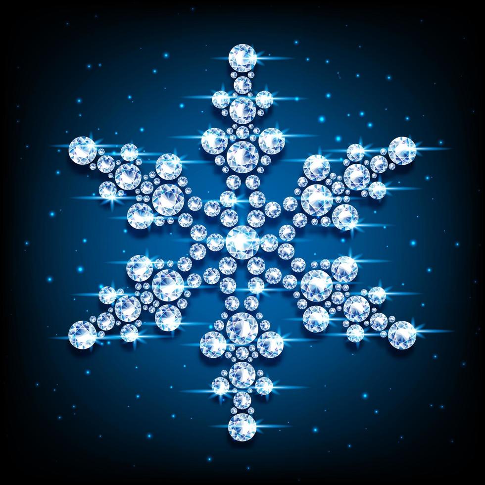 diamant snöflinga. ädelstenar i de form av en blomma. Smycken dekoration för jul och ny år. 3d realistisk neon illustration. på en blå bakgrund vektor. vektor