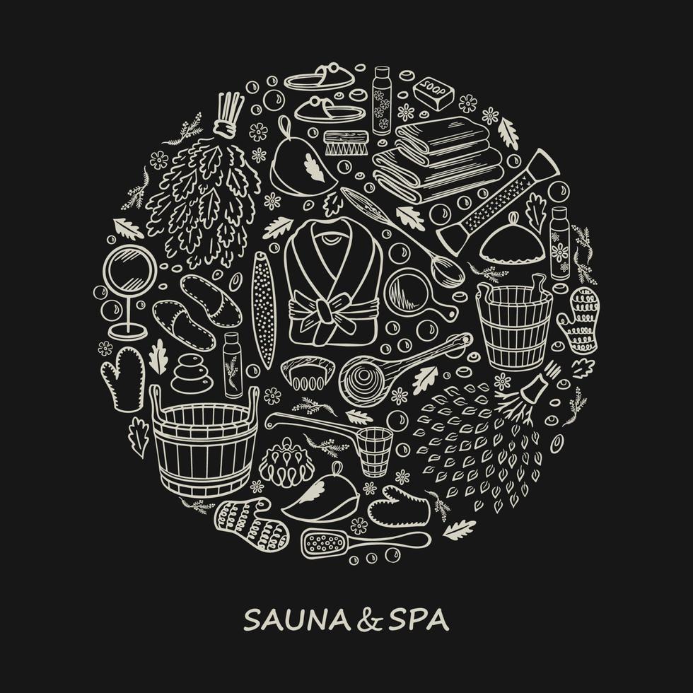 Sauna-, Spa- und Badzubehör. Skizze von Gegenständen im Doodle-Stil. dekoriert in Form eines Kreises mit Platz für Text. auf schwarzem Hintergrund. Vektor-Illustration. vektor