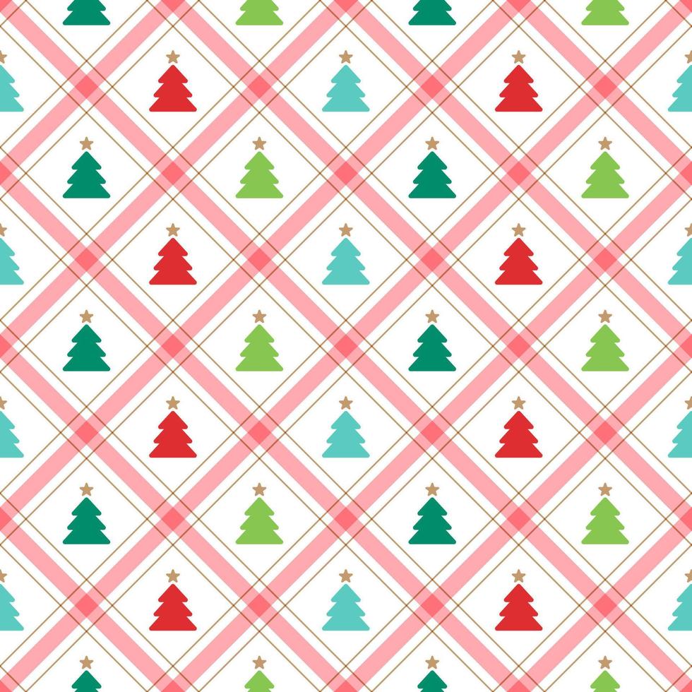 söt glad jul träd röd grön blå jul träd linje diagonal rand randig linje luta rutig pläd tartan buffel scott gingham bakgrund sömlös mönster för jul festival vektor