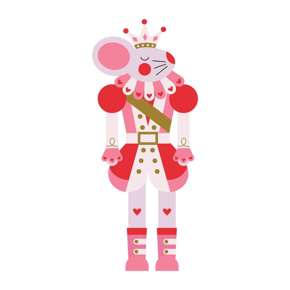 jul karaktär mus kung i rosa kostym med röd hjärtan. vinter- berättelse balett nötknäppare berättelse. antik traditionell statyett docka. Semester karaktär romantisk i säsong- kläder. vektor