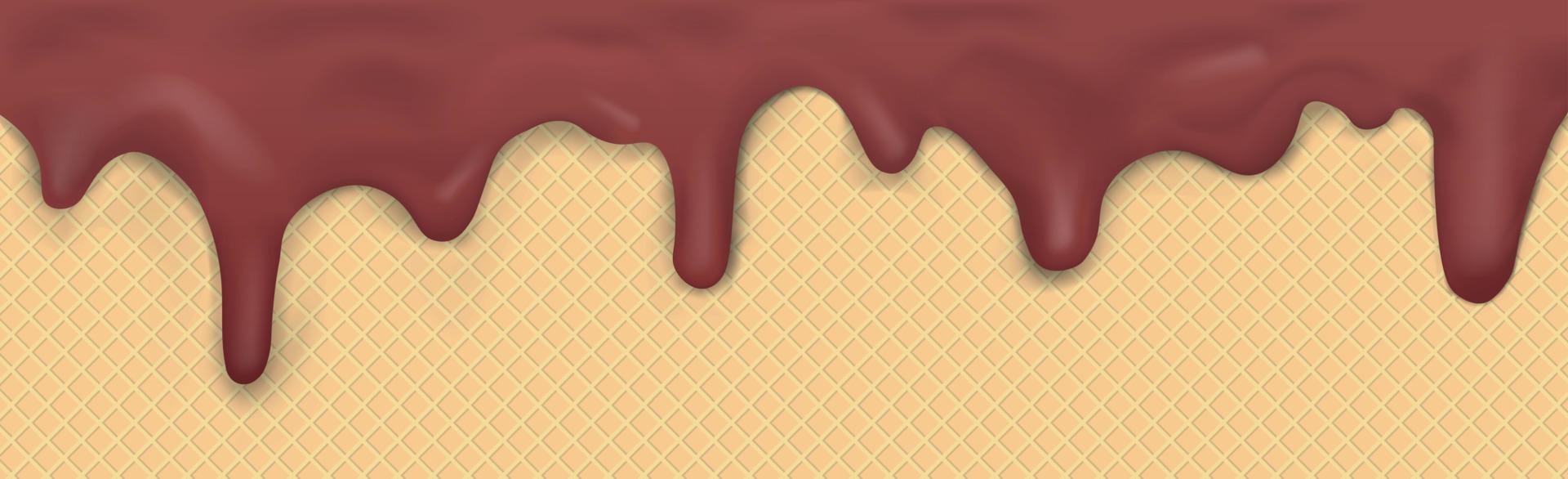 süßes, nahtloses Panorama-Eiscrememuster mit tropfender dunkler Schokoladenglasur und Waffelstruktur - Vektor