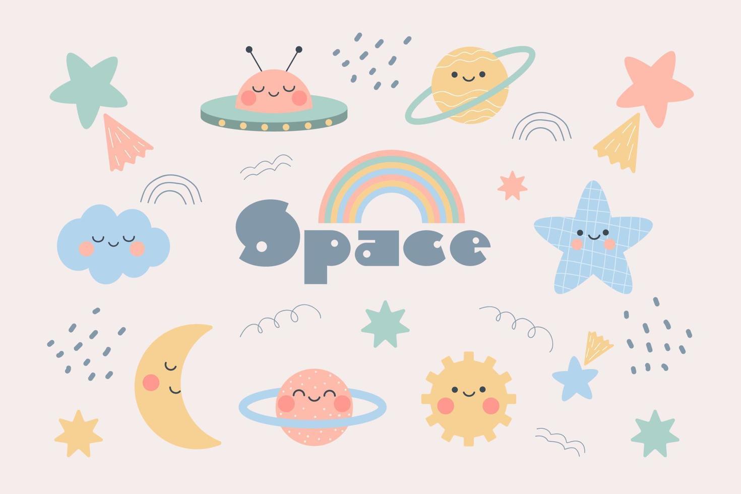 handgezeichnete Weltraum-Clipart-Sammlung. satz von kawaii planeten und sternencharakteren im gekritzelkarikaturstil. vektor