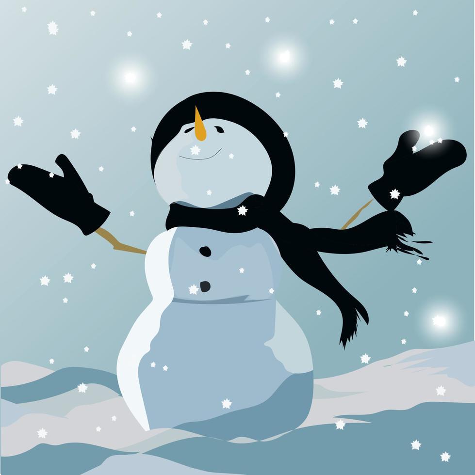 Der Vektor-Schneemann, der den Schneefall am Ende des Jahres genießt, ist perfekt für Ihre Grußkarten für ein frohes neues Jahr und Weihnachten vektor