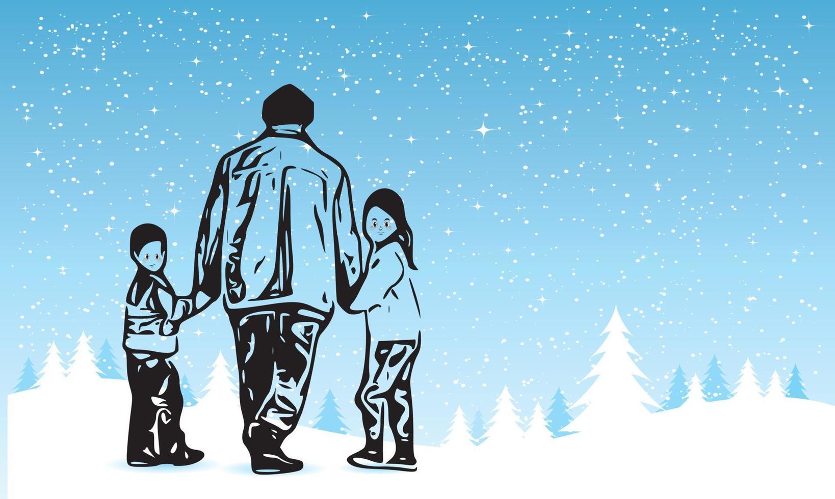 illustration av en far innehav hans händer tätt och gående med barn ser Bakom honom på snöig vägar i vinter. vektor