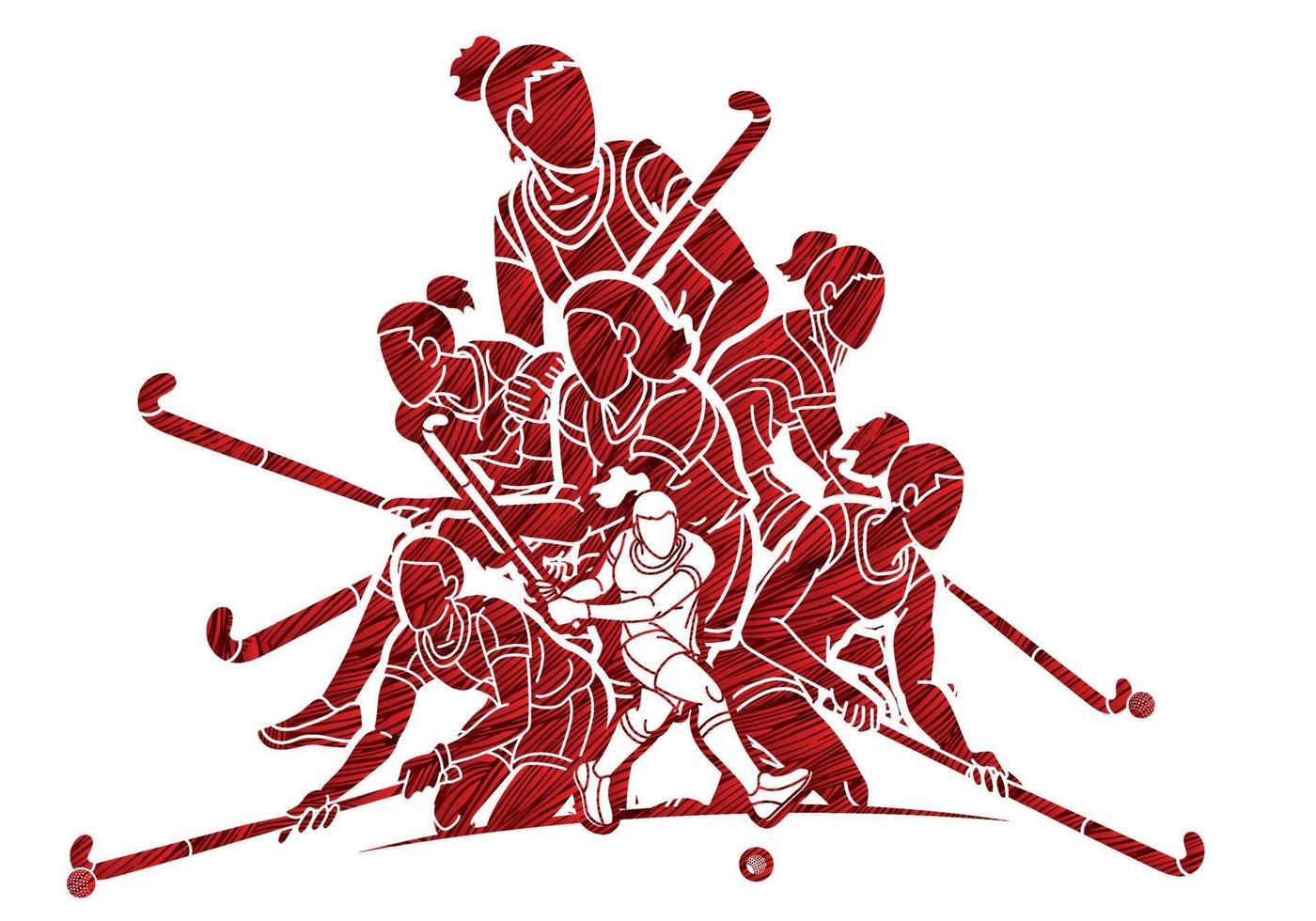 silhouette gruppe von feldhockey-sportteam-spielerinnen aktion zusammen vektor