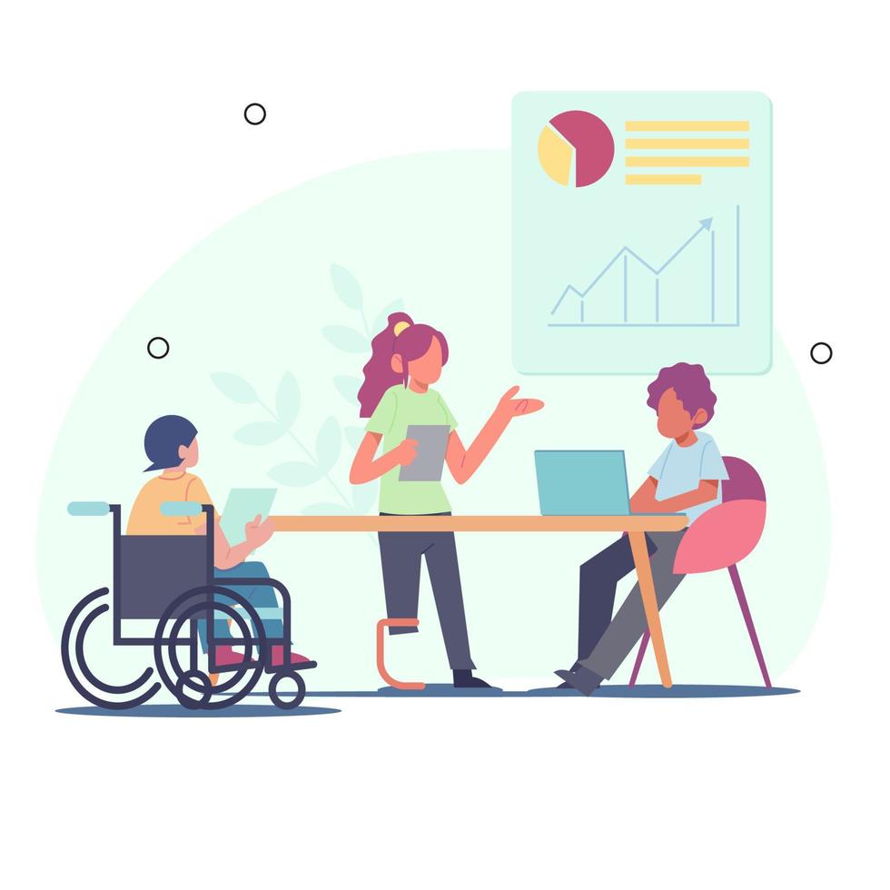 företag möten genomfördes förbi människor av olika races och människor med funktionshinder. vektor platt illustration