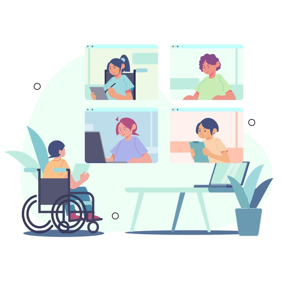 människor har en företag möte. virtuell möten med olika races och människor med funktionshinder. vektor platt illustration.-platt tecknad serie vektor illustration