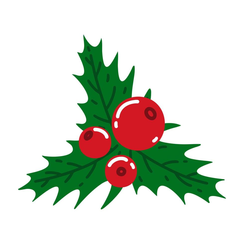 Stechpalmenzweig mit roten Beeren, geäderte Blätter. Zweig der Weihnachtsmistel. helle festliche pflanze. einfaches Vektorsymbol isoliert auf weiß. flache cartoon-cliparts für drucke, poster, weihnachtskarten vektor