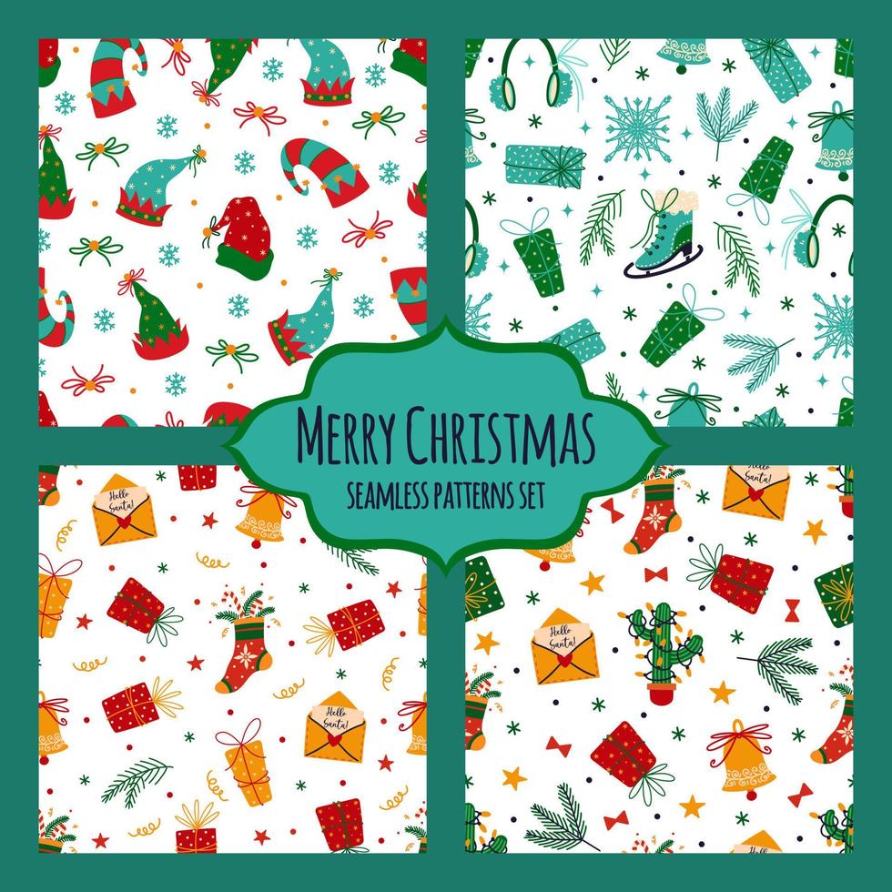 frohe weihnachten und guten rutsch ins neue jahr nahtlose vektormuster gesetzt. Feiertagssymbole - Geschenke, Glocken, Schneeflocken, Schlittschuhe, festlicher Baum, Weihnachtsmann-Elfenhüte. flacher karikaturhintergrund für drucke, karten vektor