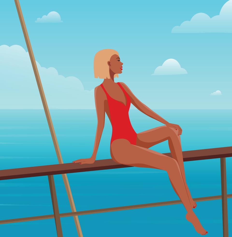 digital illustration av en blond flicka i en röd baddräkt i de sommar på semester flyter på en Yacht och upplevelser känslor av glädje och lycka vektor