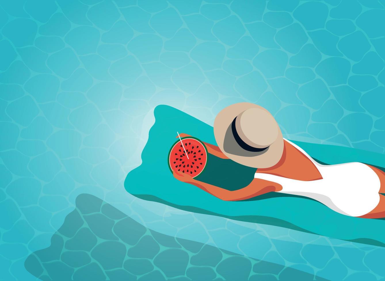 flicka i en hatt vilar semester flytande på en madrass i de slå samman och äter en färsk kall vektor