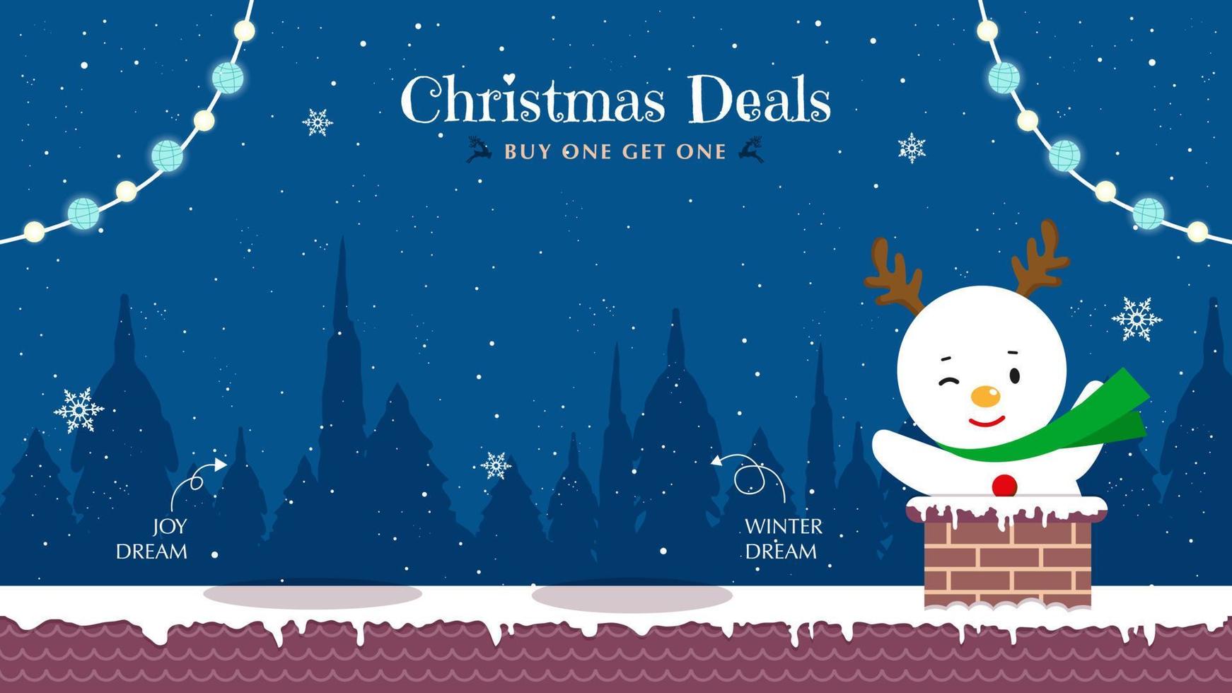 jul försäljning baner med söt snögubbe ut av de skorsten vektor