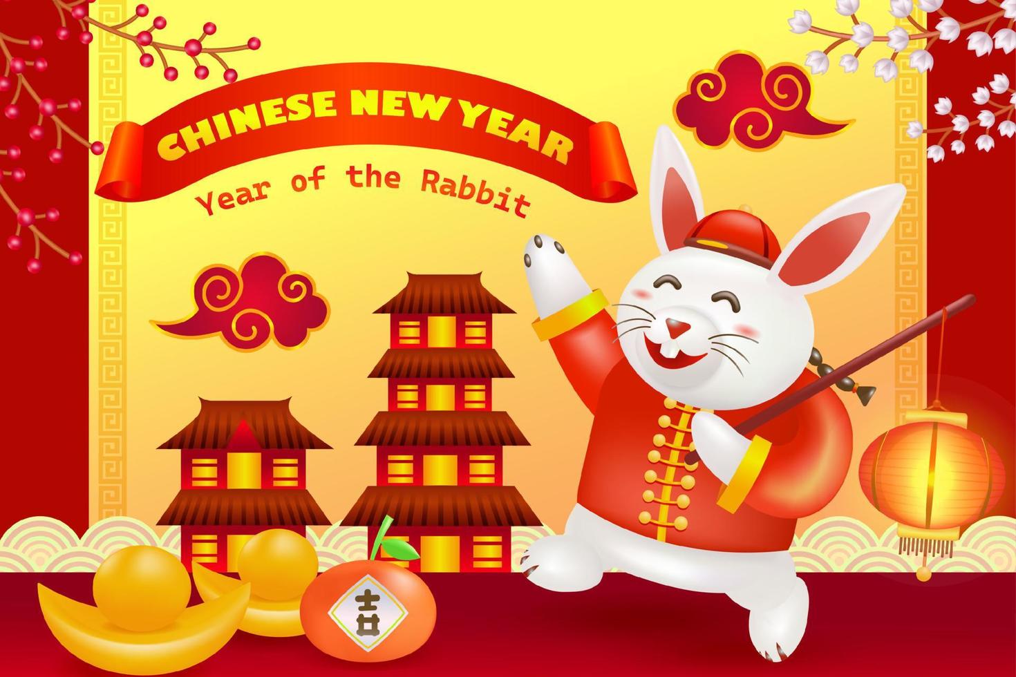 chinesisches neujahr, jahr des kaninchens. 3D-Darstellung eines Kaninchens, das eine Laterne mit Blumenschmuck, Goldbarren, Orangen und Haushintergrund trägt vektor