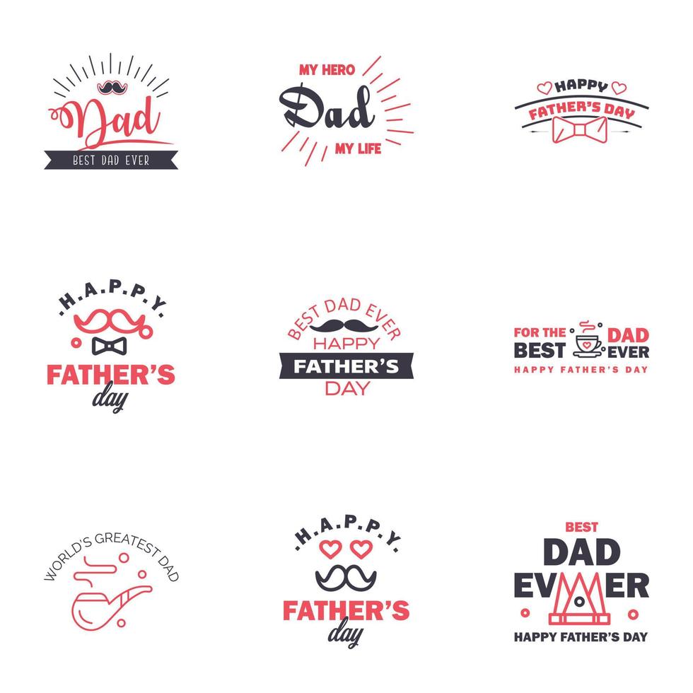 9 schwarze und rosa Reihe von Vektor Happy Fathers Day Typografie Vintage Icons Schriftzug für Grußkarten Banner T-Shirt Design Vatertag editierbare Vektordesign-Elemente