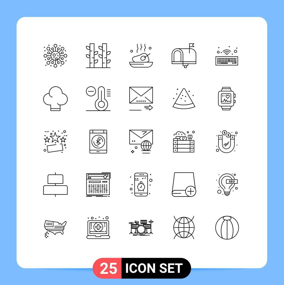 Line Pack mit 25 universellen Symbolen in Box kontaktieren Sie uns Hähnchen Kontakt geröstet editierbare Vektordesign-Elemente vektor