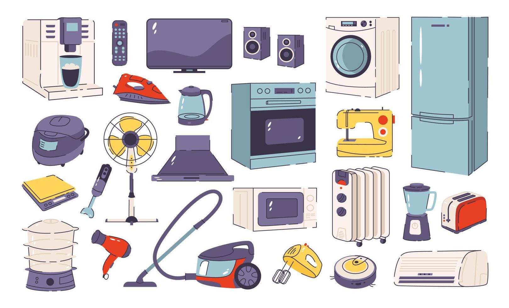 Haushalts- und Küchengeräte-Set. Mikrowelle, Waschmaschine, Staubsauger, Kaffeemaschine, Mixer, Bügeleisen usw. flacher Vektorstil vektor