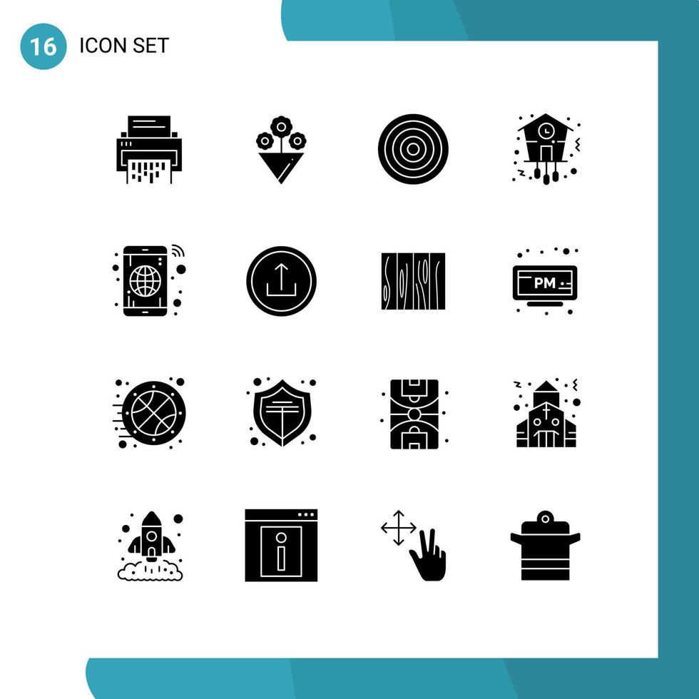 Gruppe von 16 soliden Glyphenzeichen und Symbolen für Zeit, Zeit, Geschenk, Uhr, Sport, bearbeitbare Vektordesign-Elemente vektor