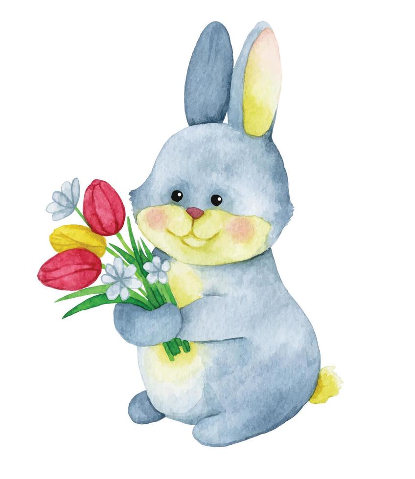 Aquarellzeichnung. süßer osterhase mit einem strauß frühlingsblumen. lustiger charakter hase, kaninchen. vektor